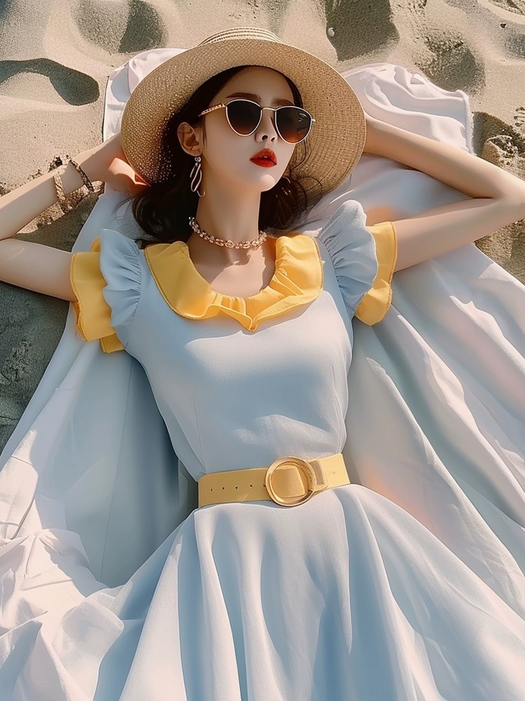Váy maxi nữ giả hai mảnh phối màu tương phản, thiết kế thắt eo, phong cách Pháp — Màu sắc tương phản vàng và xanh chi tiết 4