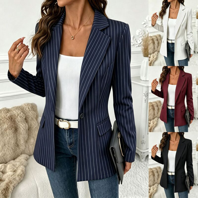 2026 Amazon Independent Station Cross-Border New Model Striped Slim-Fit Single-Button Commuting Professional Blazer Jacket 2026 Amazon Independent Station Cross-Border New Model Striped Slim-Fit Single-Button Commuting Professional Blazer Jacket