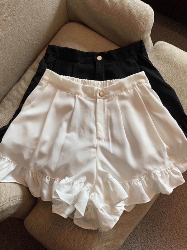 Sweet Ruffled Casual Shorts Women's Autumn 2024 chubby girl College-style High Waist Slimming Loose Wide-leg Hot Pants