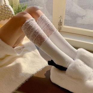 Summer Thin Lace Splicing Socks for Women, Long Calf Socks, Ins Ballet Style Boot Socks, Ruffled Edge Slouch Socks