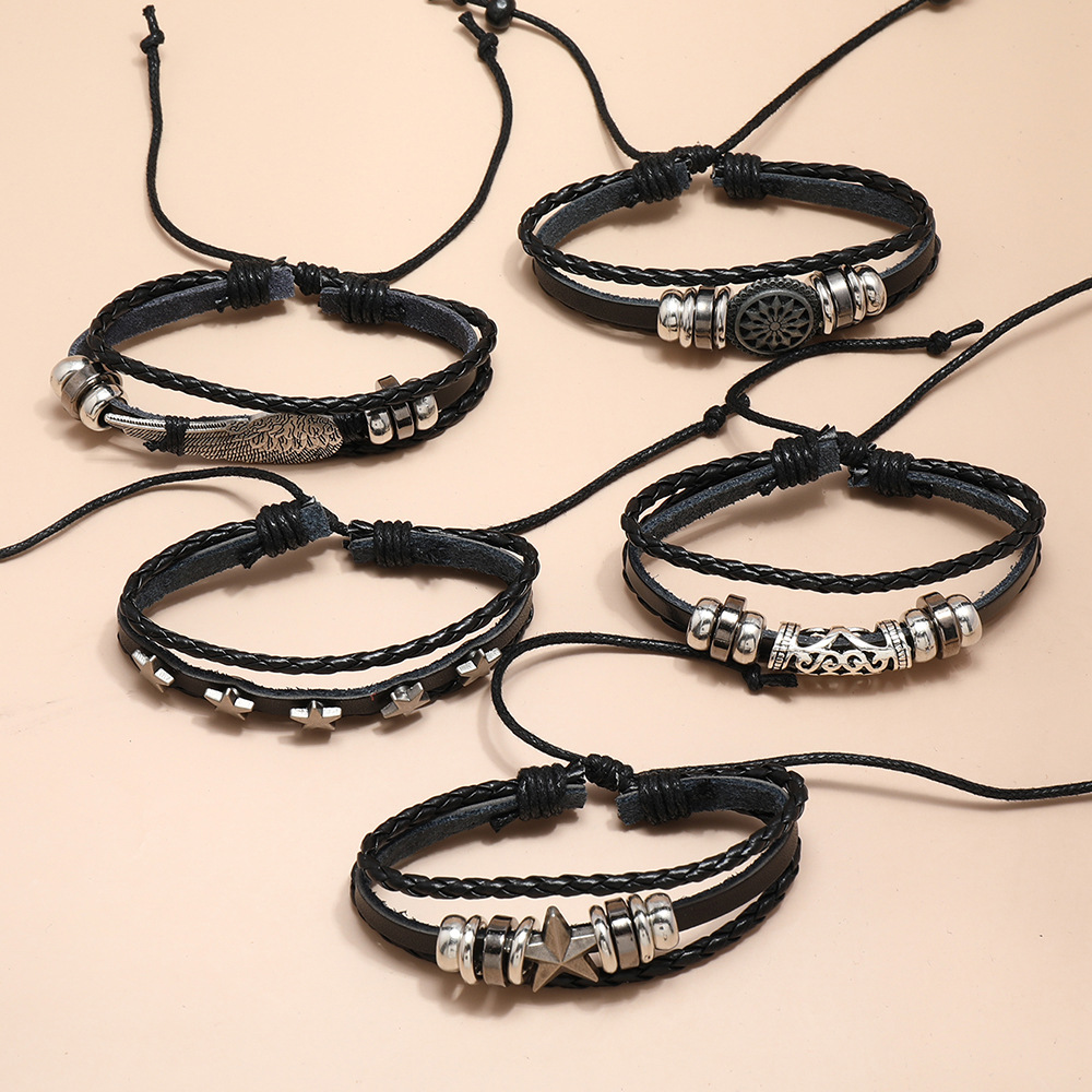 European and American punk jewelry wholesale multi-layer leather bracelet set