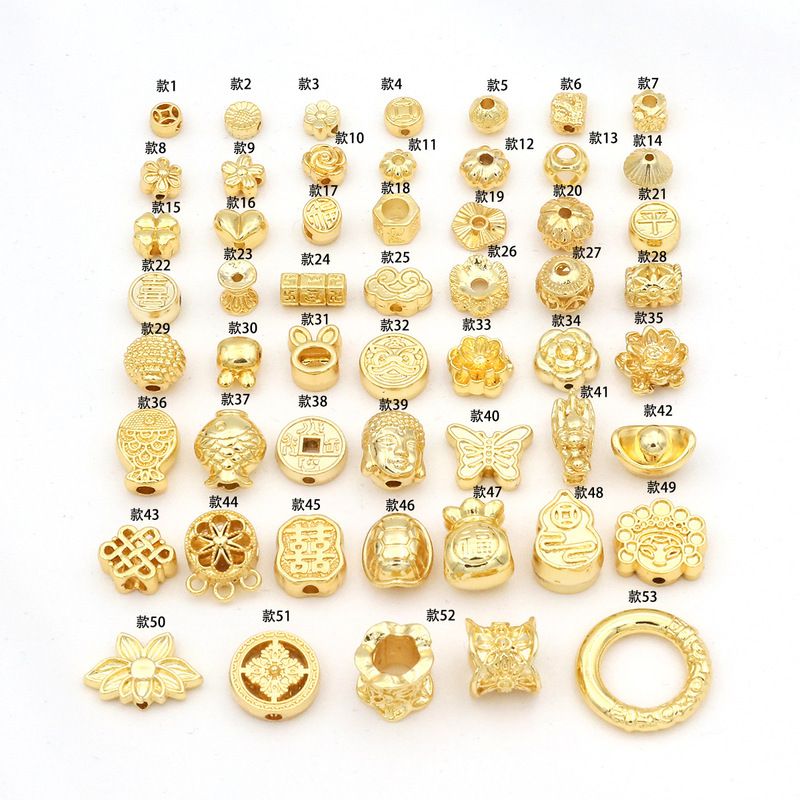 Color-Preserving 18K Real Gold Separated Beads with Blessing Characters, Lotus Gourd Loose Beads, DIY Hand-Woven Rope Bracelet Jewelry Beads D139