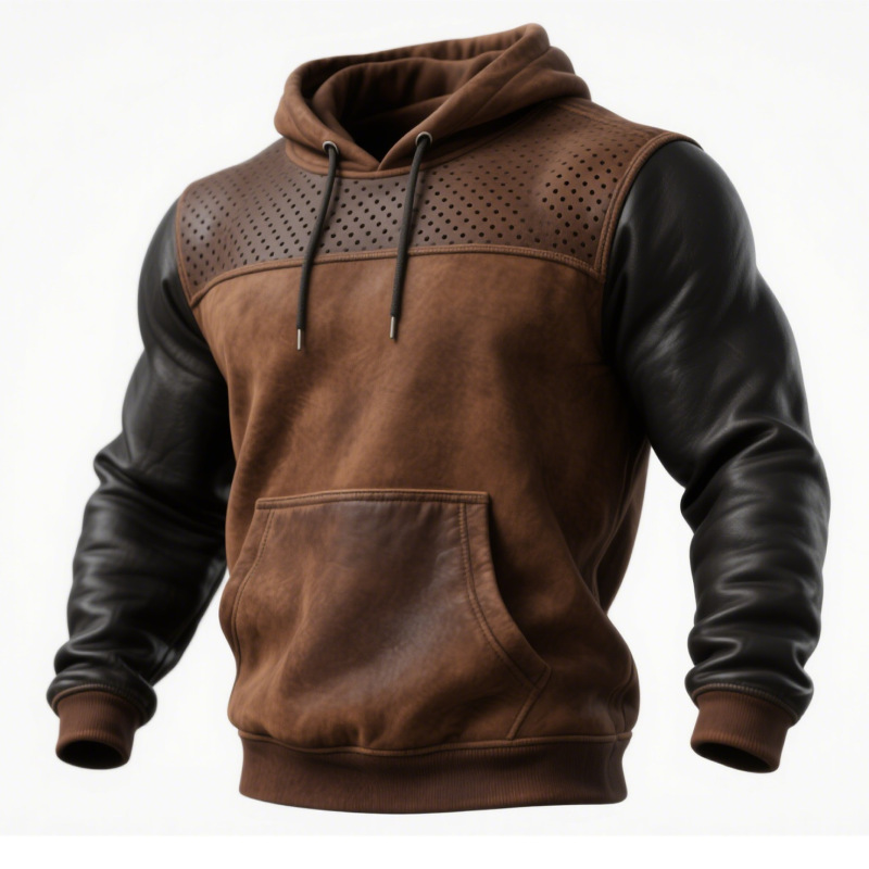 Cross-Border European Size Men's Retro Brown Leather Embellished Perforated Hoodie Autumn and Winter Sports Casual Sweatshirt