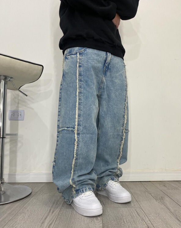 欧美秋冬复古毛边直筒牛仔裤男街头嘻哈显瘦宽松休闲阔腿长裤跨境|undefined