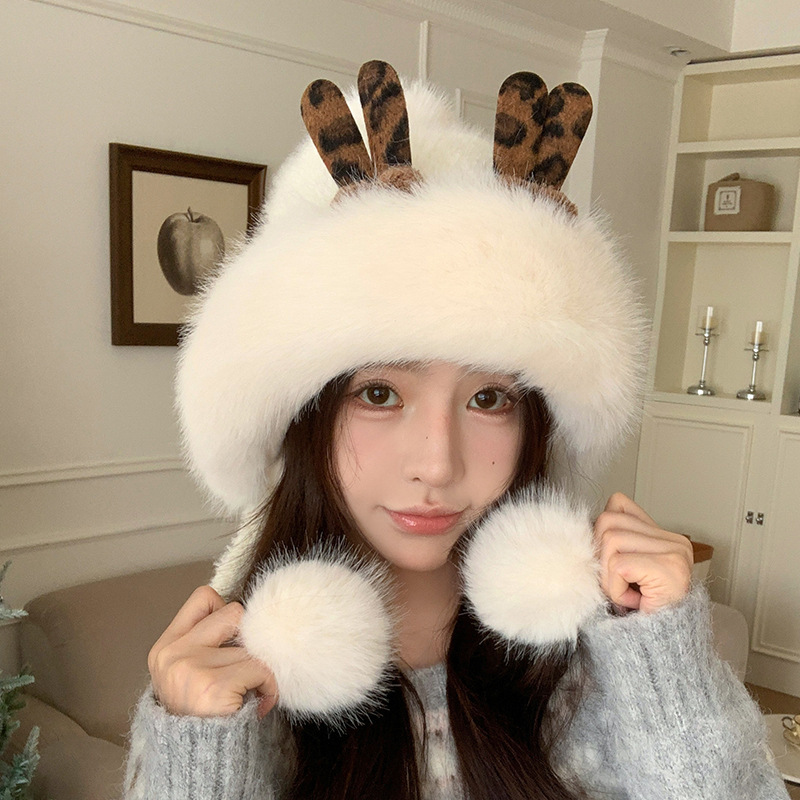 鹿角雷锋帽子女秋冬季日系可爱毛球加厚保暖护耳帽户外滑雪防寒帽|undefined