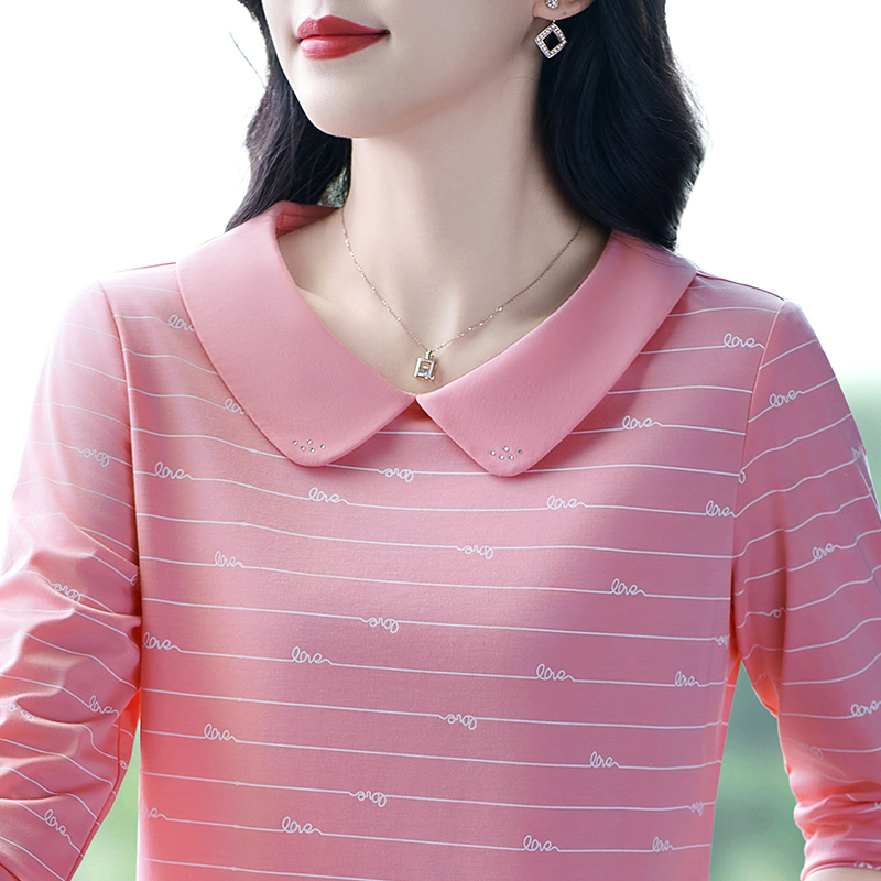 High-end Long-sleeved Women's Spring and Autumn Fashion Striped T-shirt Temperament Age-reducing Doll Collar Base Shirt Lv Collar Top Slim