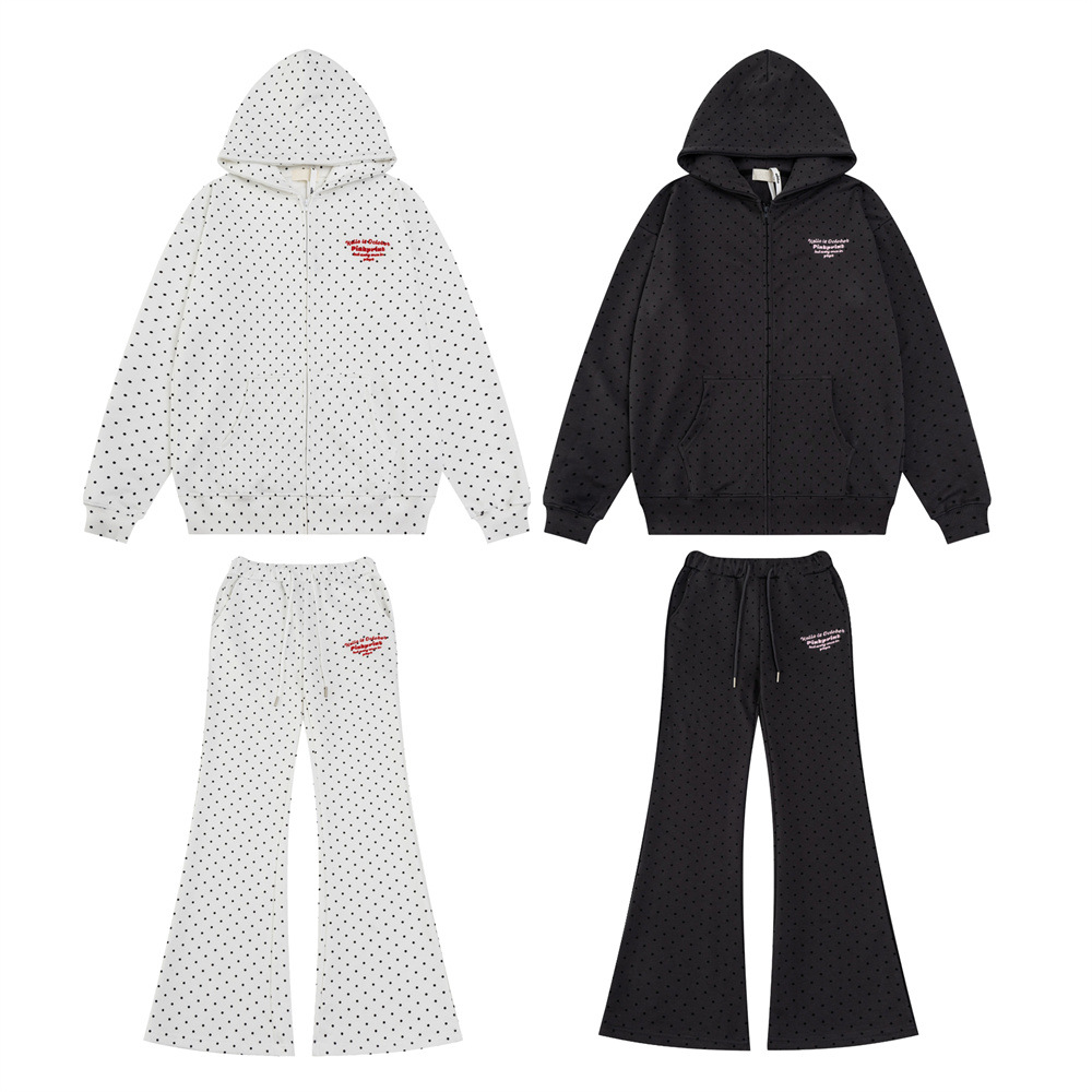 Ropa de hombre Trajes casuales deportivos para hombres y mujeres, marca de moda, chaqueta sudadera con capucha y lunares con estampado completo, pantalones holgados de campana con pierna ancha_voghion.com