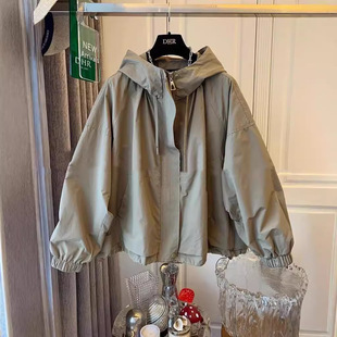 Girls' Windbreaker Jacket 2025 Autumn New Stitched Drawstring Hooded Solid Color Short Windbreaker Jacket