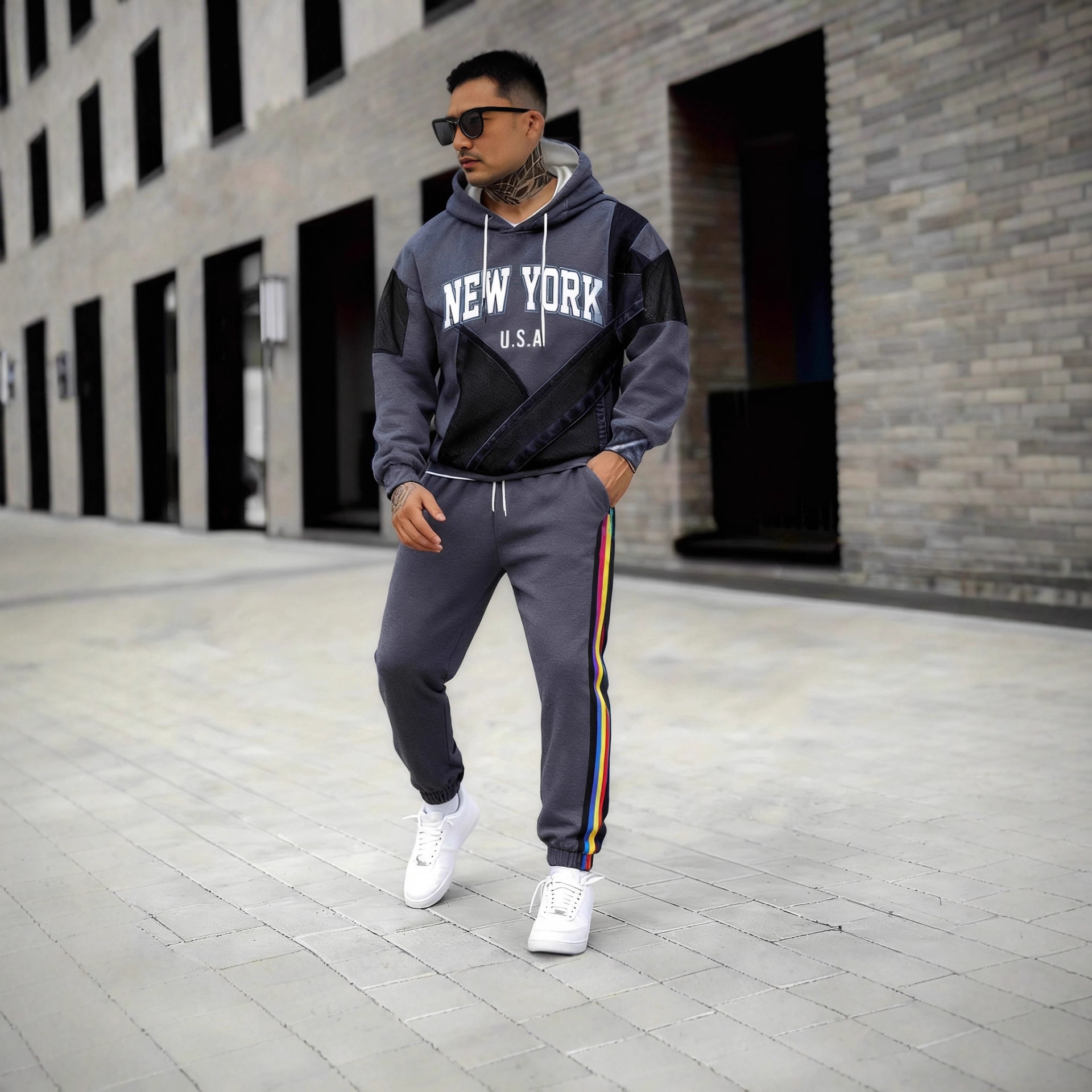 Ensemble sweat-shirt à capuche et pantalon de jogging effet denim pour homme, imprimé numérique, deux pièces décontractées, noir, bleu, gris_voghion.com