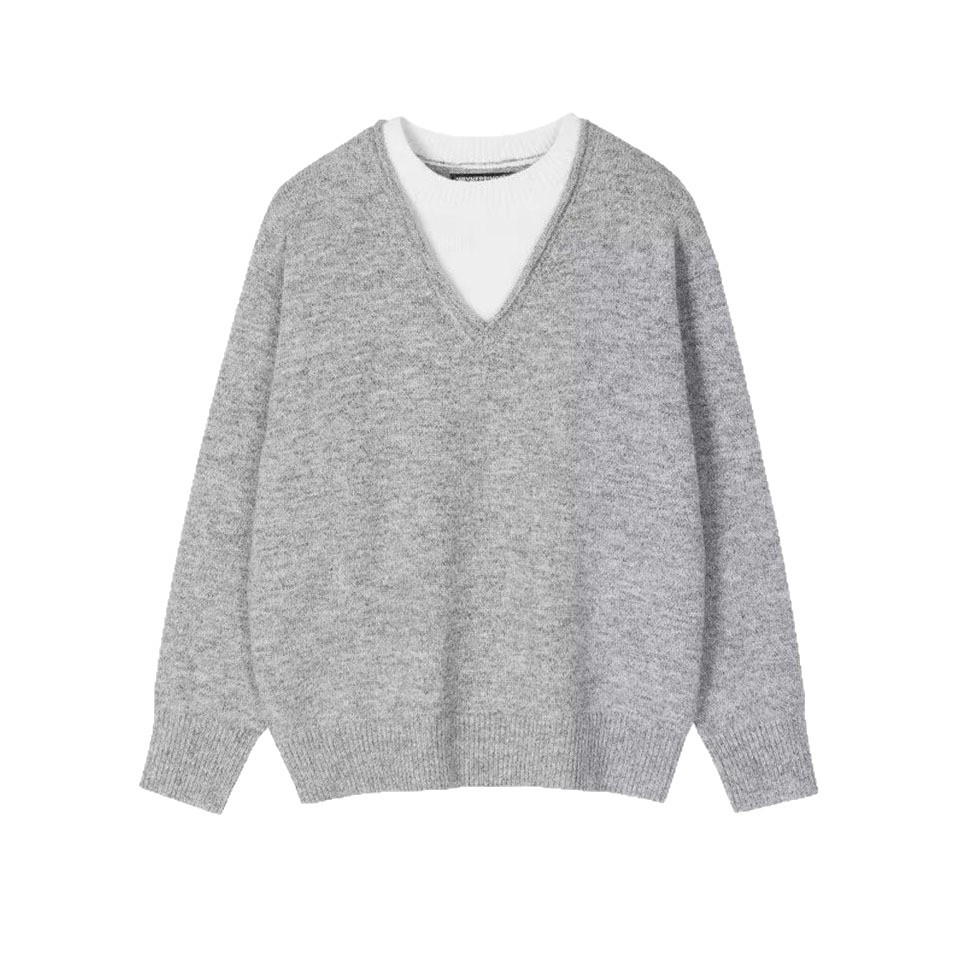 Explosiones transfronterizas de tamaño grande europeo falso dos piezas de cuello en V coreano jersey suéter masculino empalmado otoño y invierno fábrica de marea al por mayor