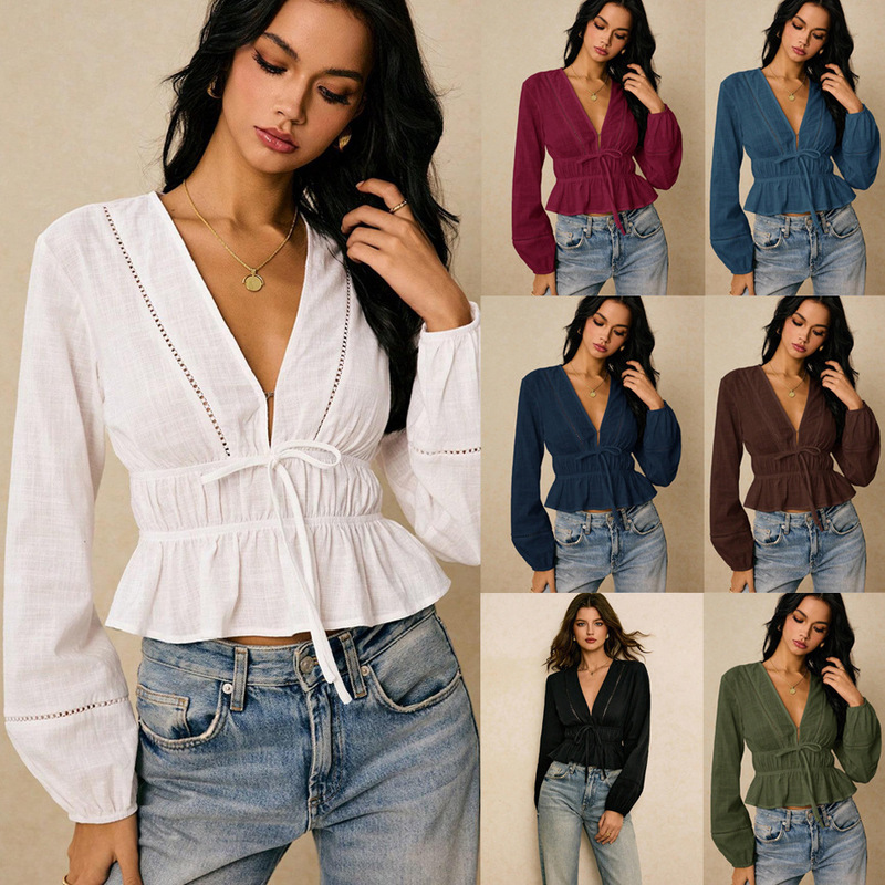 2026 New European and American Amazon Cross-Border Deep V-Neck Waist-Tied Hollow Lace Ruffle Hem Shirt