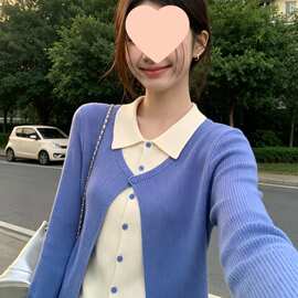 撞色假两件Polo领长袖针织衫女秋季新款温柔软糯气质修身显瘦上衣