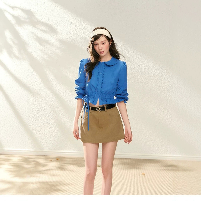 POPWEST |   Korean-style waist-cinching commuter short solid color women's slim-fit doll collar mid-sleeve shirt + skirt set