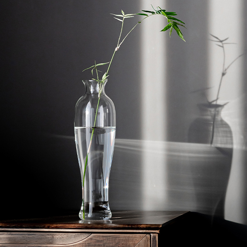 禅意小口玻璃中式花瓶梅瓶玉净瓶观音瓶水培透明插花茶道摆件