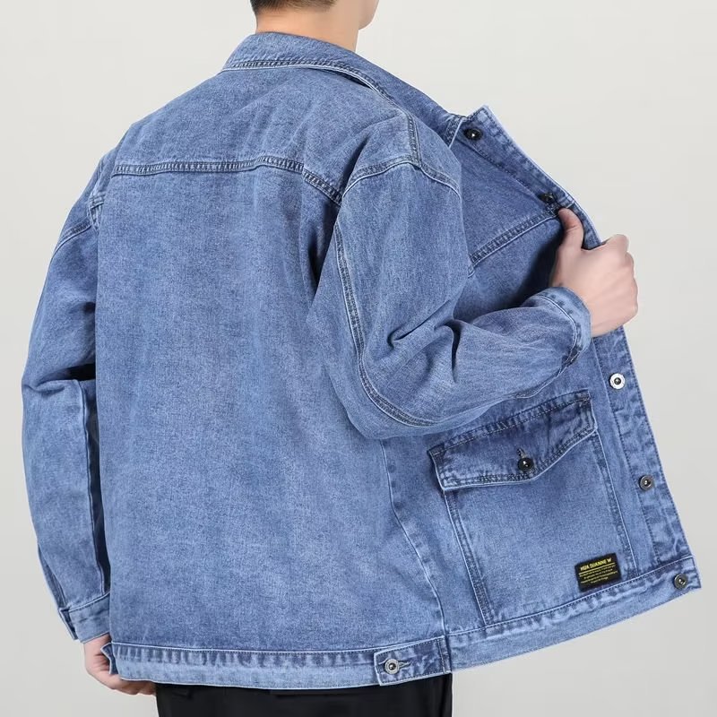 Primavera y otoño gran bolsillo Denim abrigo marca de moda de los hombres Suelta todo partido moda guapo chaqueta superior mapache