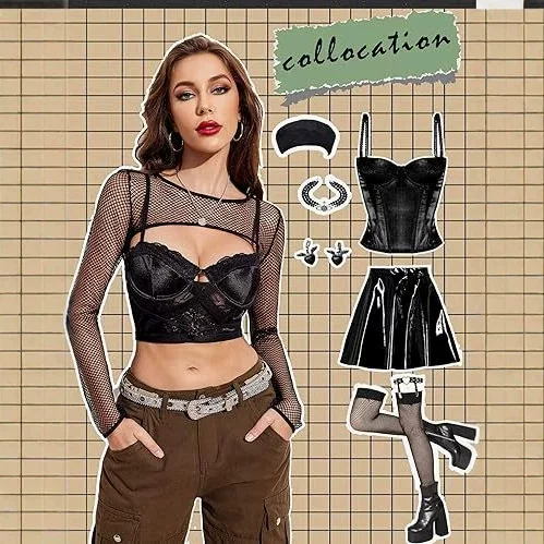 Women's Fishnet Long-Sleeve Crop Top, See-Through Slim-Fit Tight Shirt, Sexy and Versatile