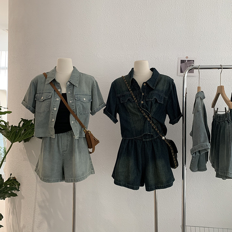 Omalai Retro Denim Short-Sleeved Shirt Jacket + Elastic Waist Wide-Leg Shorts Casual Slimming Look Two-Piece Set 3814