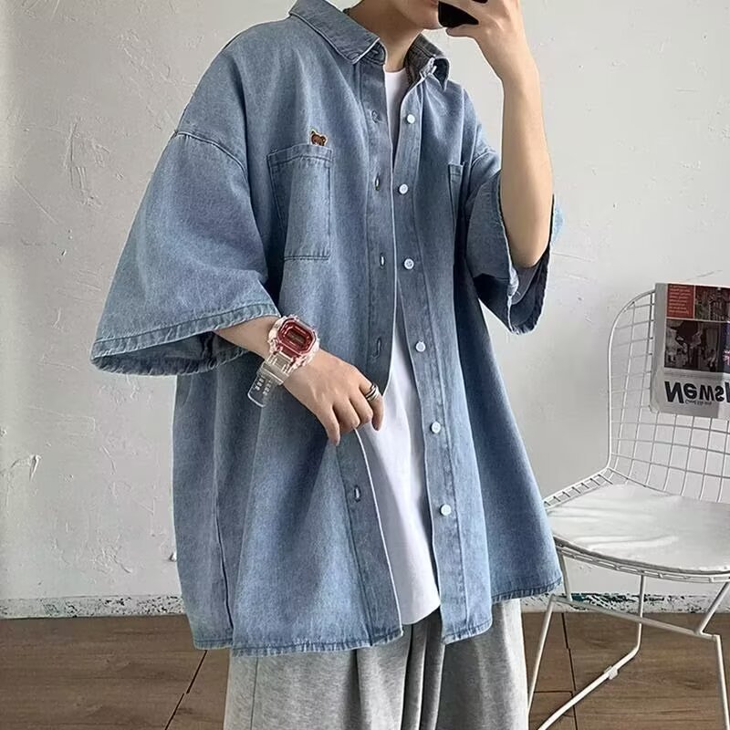 香港風和風デニムシャツメンズ半袖夏服ハンサムシャツサマージャケットトレンディなブランドデザインニッチ|undefined