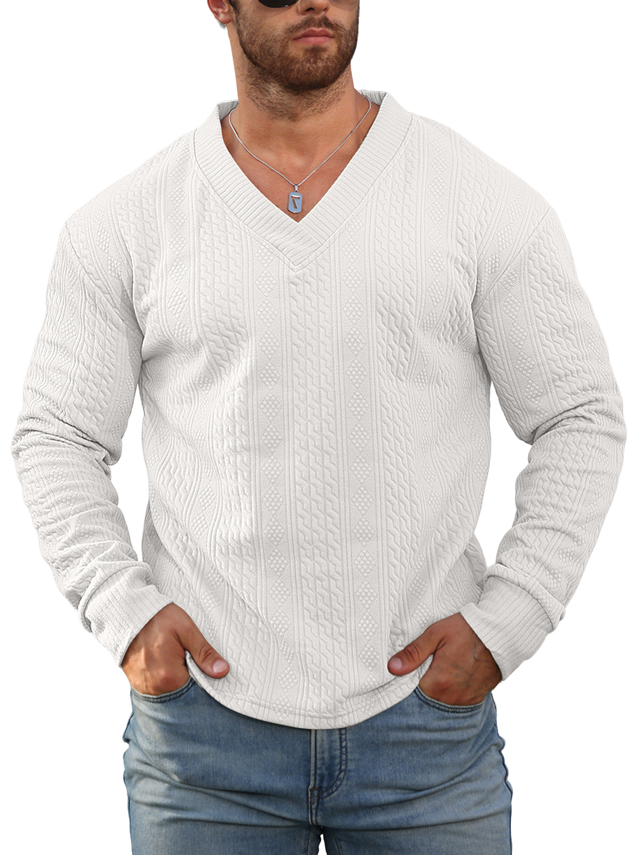 Transfronterizo Europa y América Amazon primavera y otoño ropa de hombre Jacquard de color sólido camiseta de fondo suelta de cuello V camiseta deportiva casual hombre