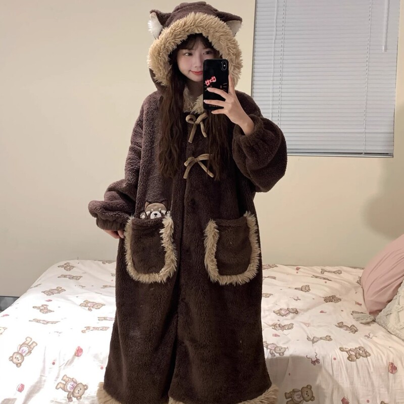 Cute Little Panda Hooded Coral Velvet Pajamas for Women Winter New Warm Large Size Nightgown Home Wear Set in Stock Cute Little Panda Hooded Coral Velvet Pajamas for Women Winter New Warm Large Size Nightgown Home Wear Set in Stock