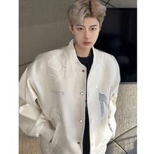 美式复古高街白色帅气外套男春秋款潮牌小众感短款机车服夹克