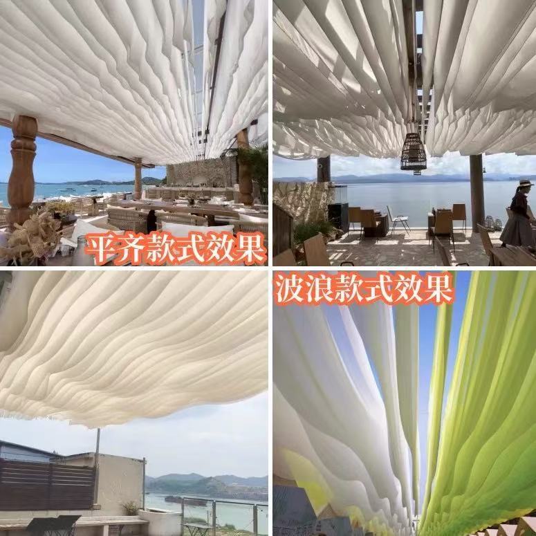 Outdoor Ceiling Wind-Driven Gauze Decoration for Seaside Beach Hotel Lobby, Scenic Area, Homestay, and Wedding Drapery