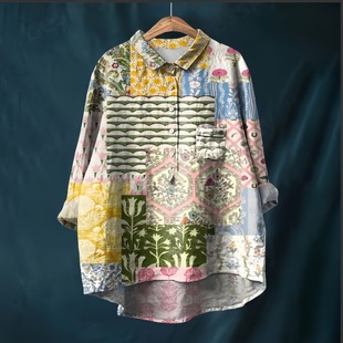 Foreign Trade New Casual Printed Hawaiian Long-sleeved Cross-border Women's Long-sleeved Shirt Cotton and Linen plus size Top