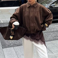 现货跨境女装批发欧美风麂皮绒夹克外套绒面质感飞行员夹克外套