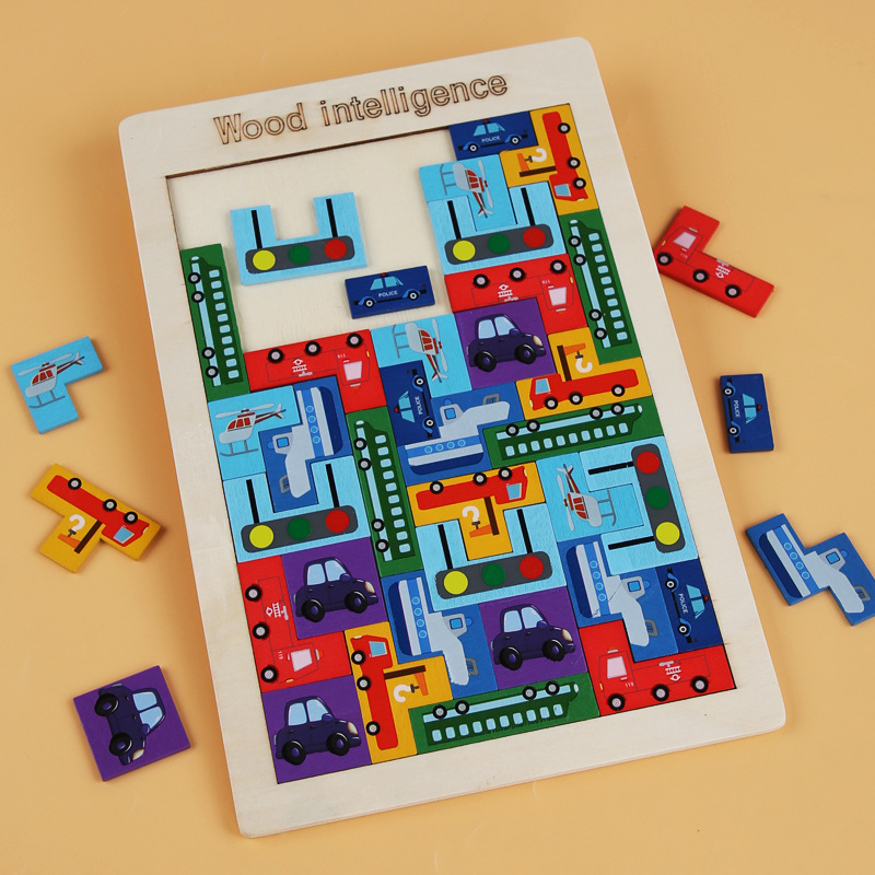 Educación temprana para niños de madera puzzle Tetris juguetes de bloques de construcción juguetes de bloques de construcción siete tablero puzzle juego de ajedrez