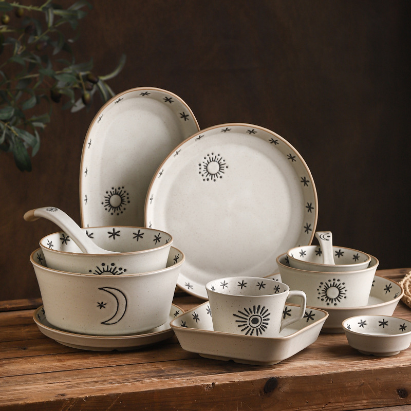 Coarse Pottery Tableware Japanese Underglaze Color Rice Soup Bowl High-Value Home Restaurant Fish Plate Flavor Plate Set