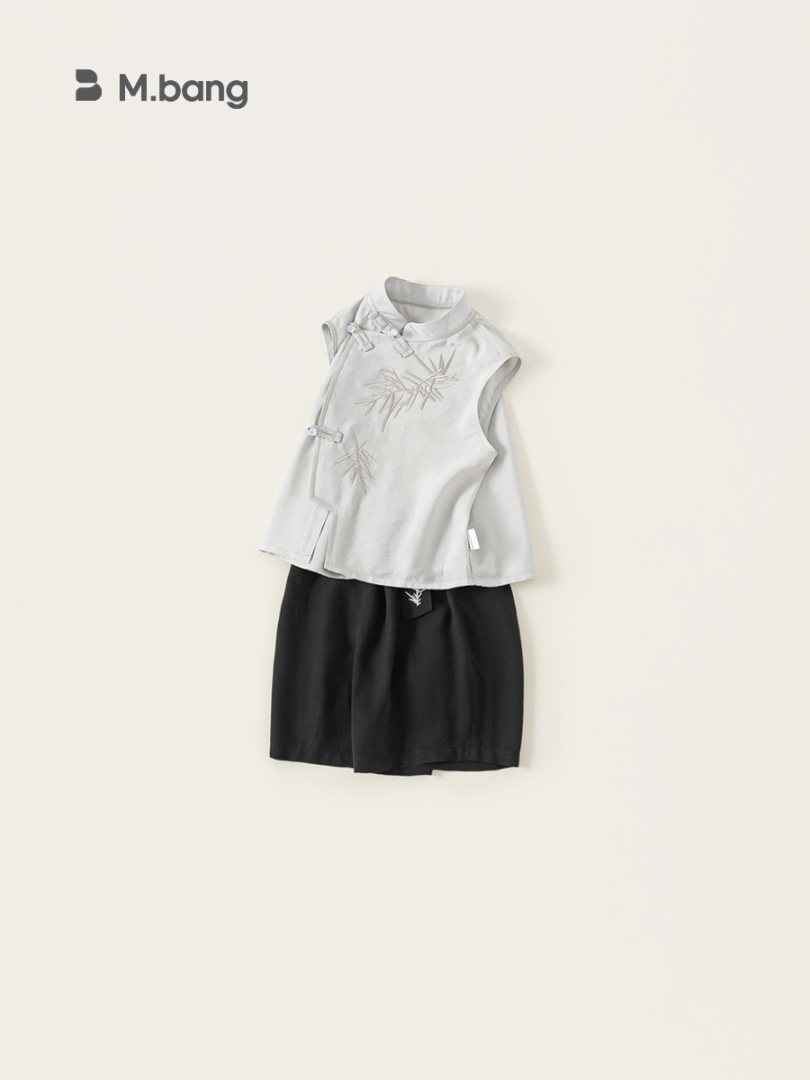 Youbao ropa para niños nuevo traje de estilo chino para niños, top sin mangas con cuello alto de estilo nacional, pantalones cortos bordados de color sólido, traje de dos piezas para niños