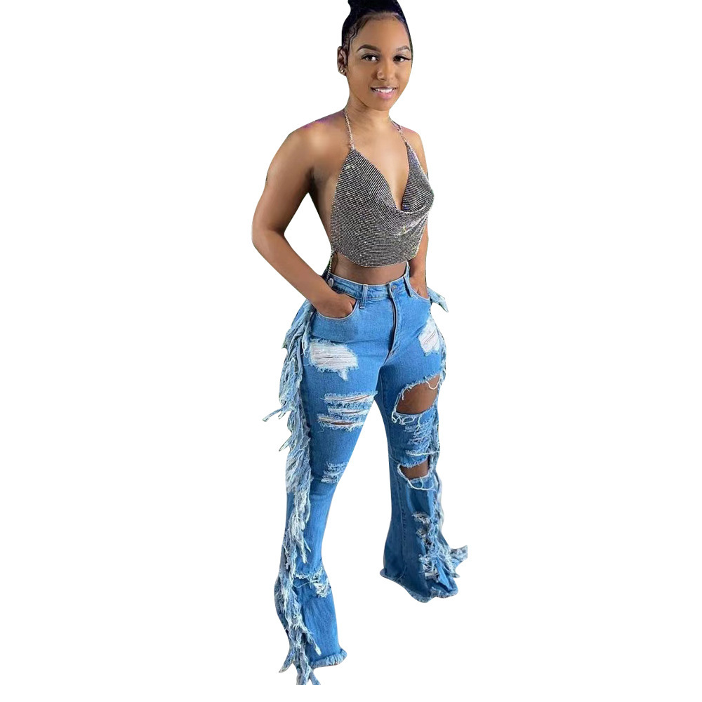 Vintage jeans med hög midja för damer med fransad kant_voghion.com
