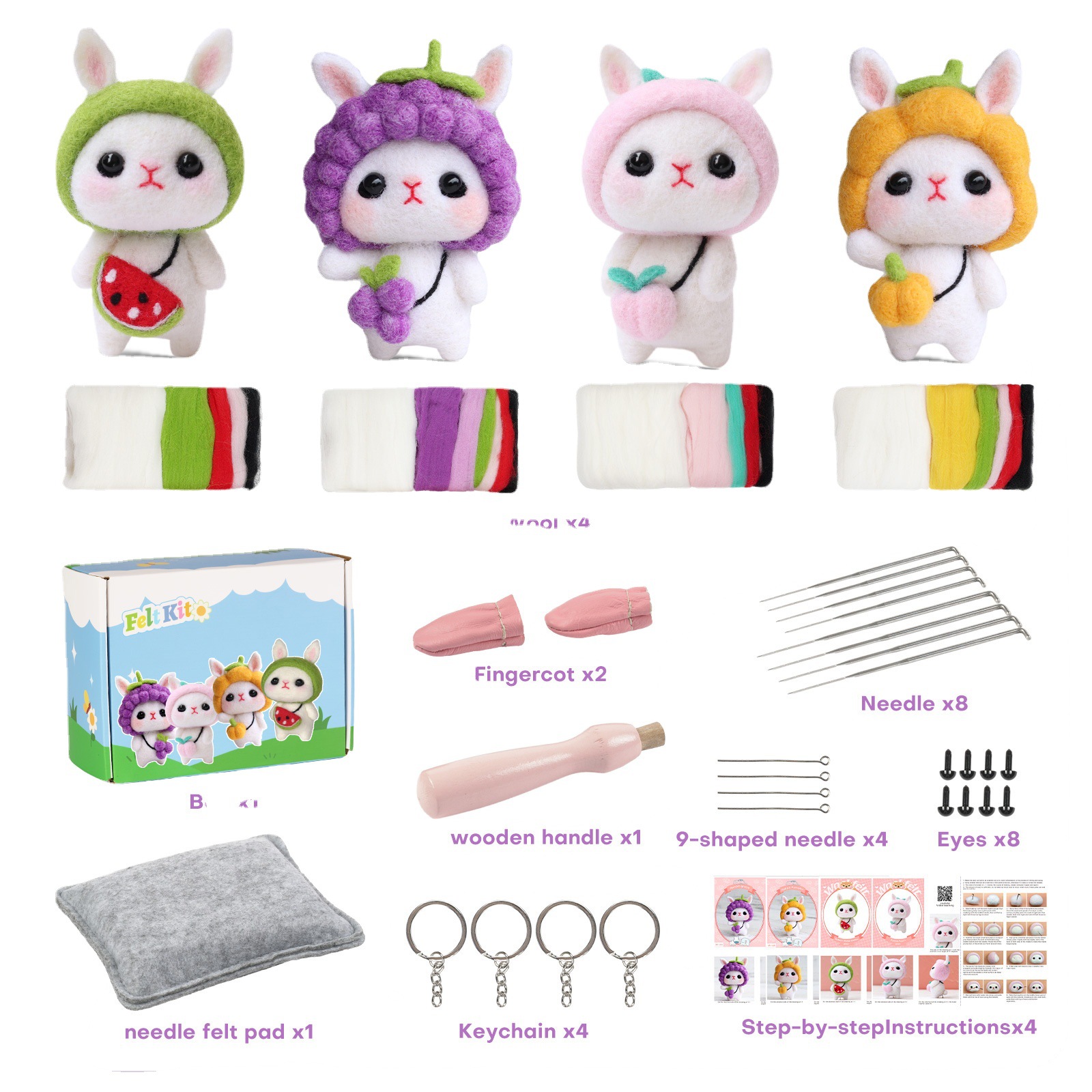 Cute Rabbit Doll Pendant Handmade Diy Wool Felt Poking Fun Material Package 4 Packs_voghion.com