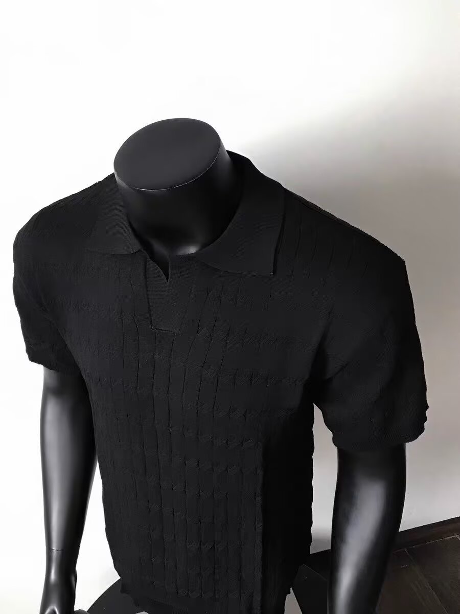 Men's Knitted Collared Polo Shirt Korean Style Textured Slim Fit Short Sleeve Small V Neck Summer T-Shirt_viptrois.com