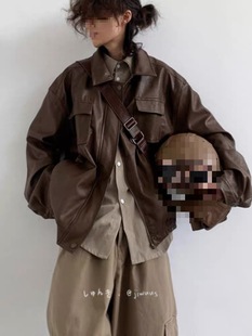 Spring and Autumn Japanese Retro Cool Pu Motorcycle Leather Jacket for Men and Women Classic Loose Unisex Brown Leather Jacket Casual Wholesale