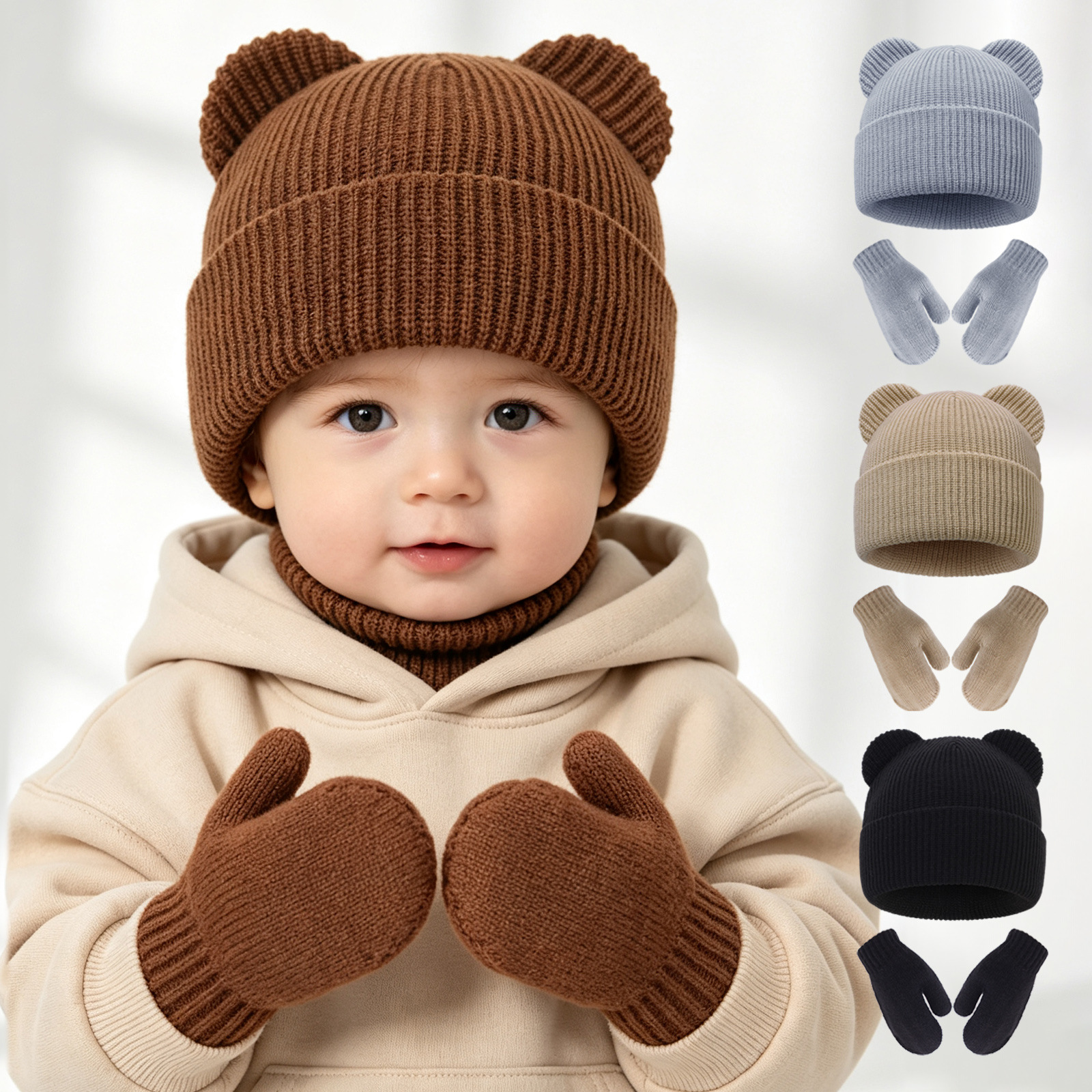Children's Winter Hat for Boys, Knitted Ear Protection Hat with Cute Bear Ears, Woolen Hat and Gloves Set for Girls