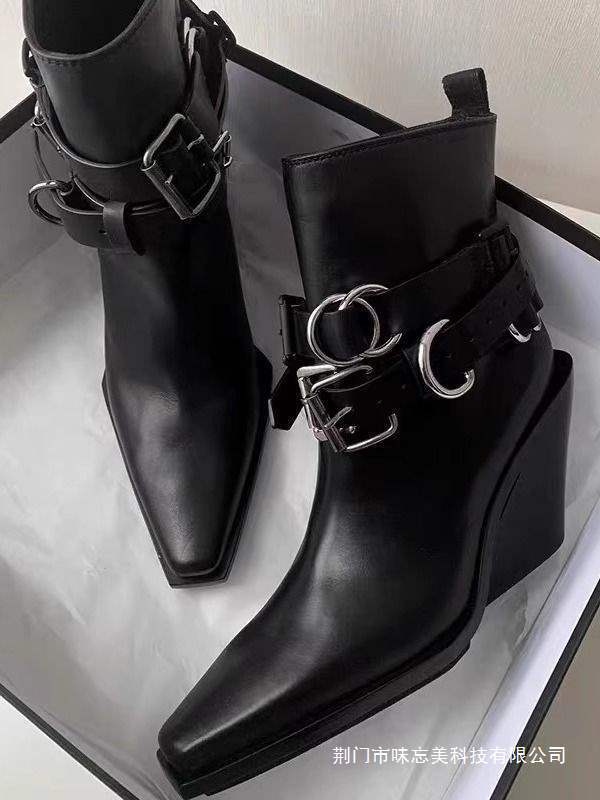 尖头坡跟短靴子女24秋冬新款短筒高跟切尔西短筒欧美防水台踝靴女