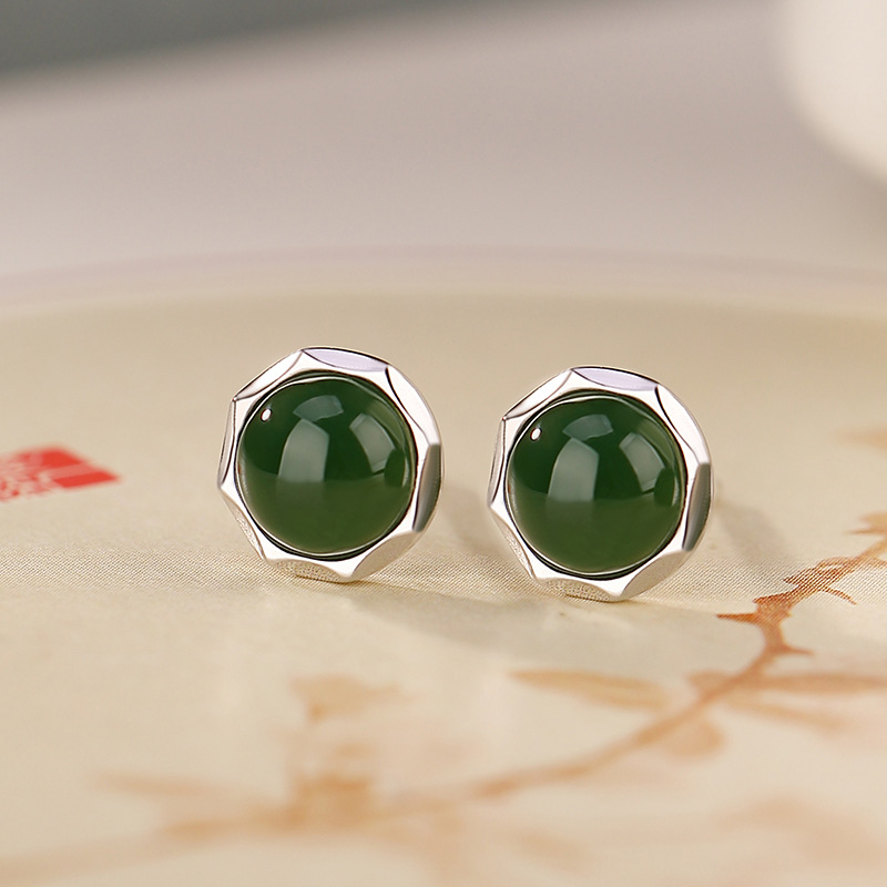 Khuyên tai nữ bạc S925 đá ngọc bích và jasper hạt tròn cắt nhỏ thanh lịch — Một cặp