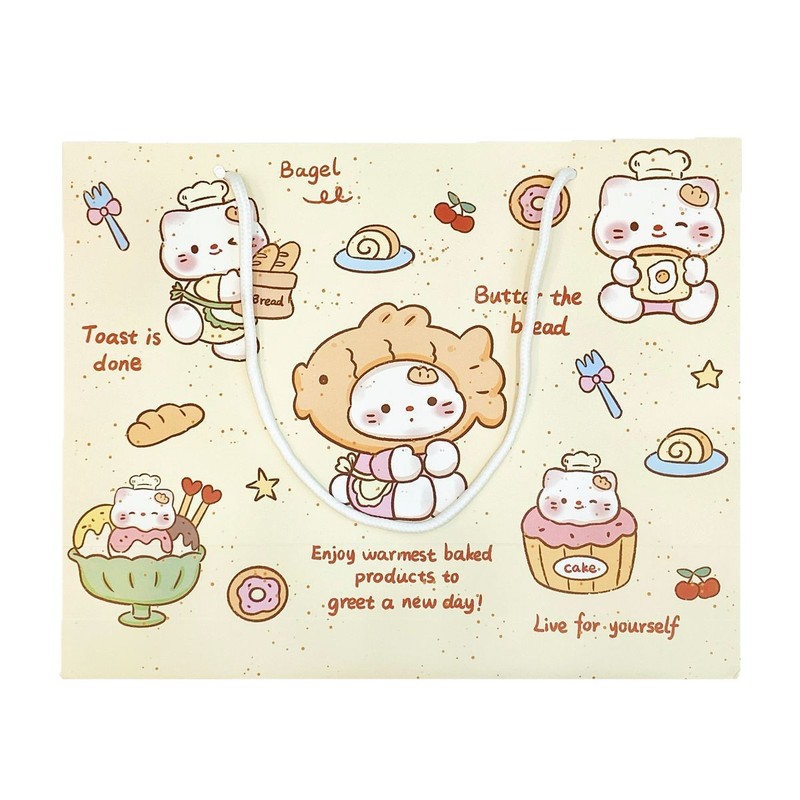卡通面包小猫涂鸦手提袋加厚白卡纸方形生日礼物包装袋大号购物袋|undefined