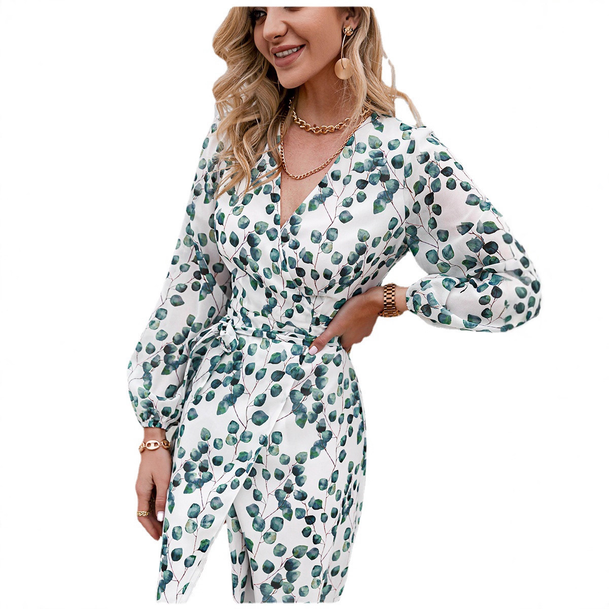 2025 European and American cross-border foreign trade printed spring and summer long-sleeved lace-up A-line green leaf women's dress with high waist