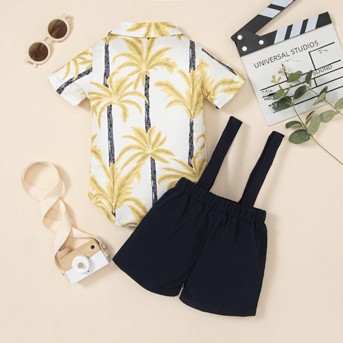 Amazon Cross-border Baby and Children Leaf Print Collar Bow Tie Gentleman Short Sleeve Bodysuit with Belt Pants Set