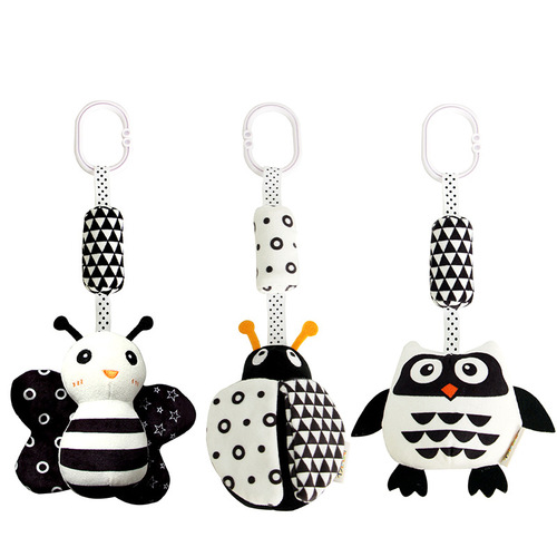 Baby Black and White Cute Animal Bed Wind Chime, Baby Toy Plush Bed Hanging Cart Hanging Toy Safe for Mouth