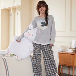 2025秋季新款卡通爱心小猫印花长袖长裤可外穿家居服套装女