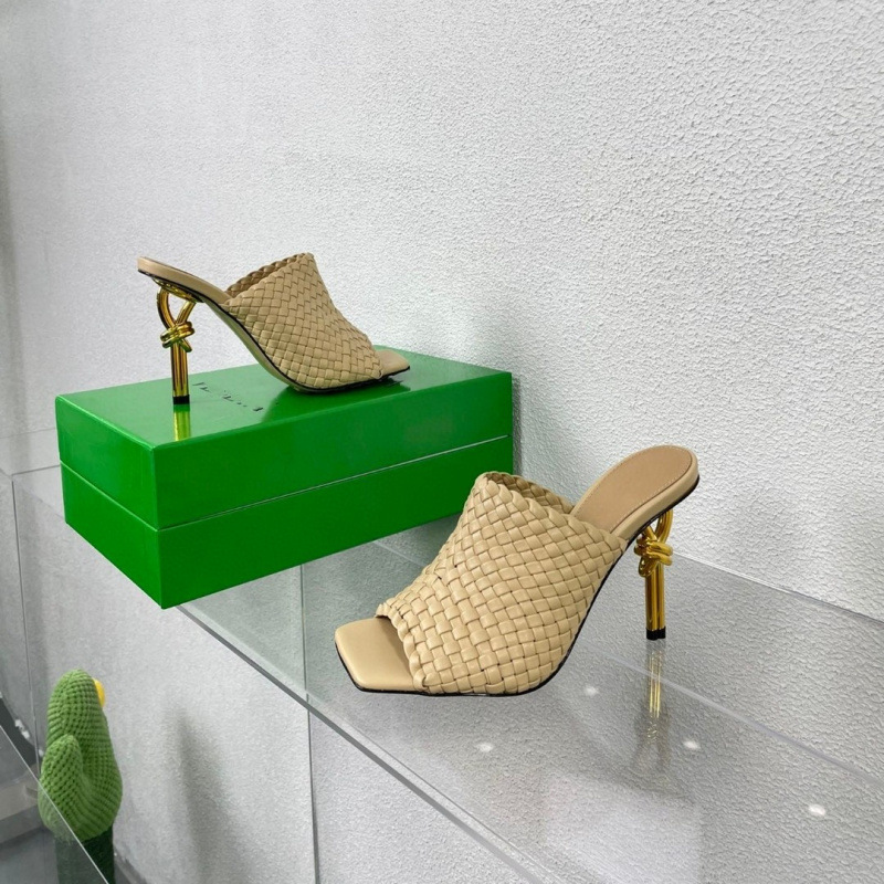 欧美风2023年夏季新款时尚细跟高跟凉鞋 编织方头正皮女拖鞋