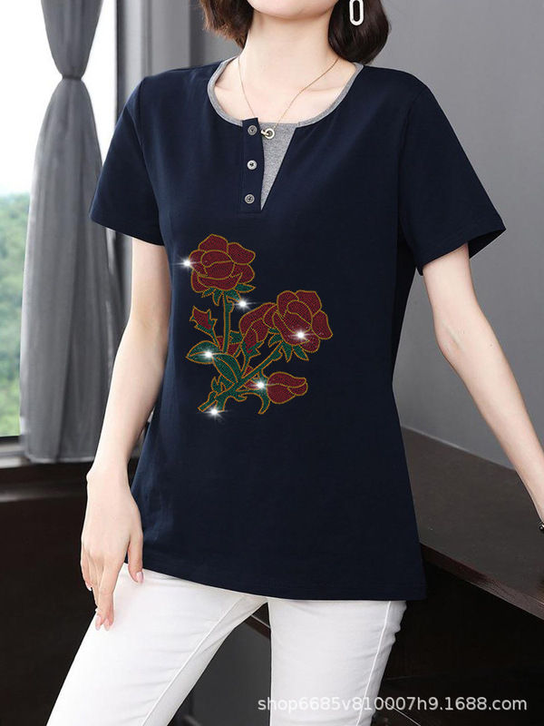 Top women's summer new short-sleeved cotton T-shirt casual plus size women's bottoming shirt 200 jin wearable middle-aged mom wear Top women's summer new short-sleeved cotton T-shirt casual plus size women's bottoming shirt 200 jin wearable middle-aged mom wear