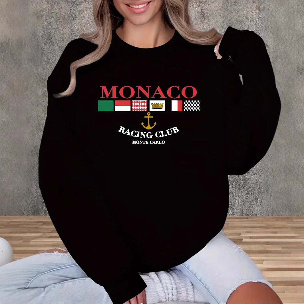 Women's Monaco Print Fashionable All-Match Streetwear Crew Neck Casual Sweatshirt Pullover_voghion.com