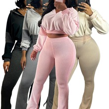 HR25016 欧美女装 扭扭条卫衣拼接 连帽喇叭裤两件套套装