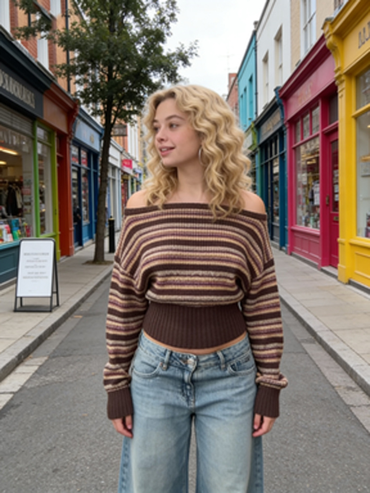 Moda de hombro con rayas de color contrastante suéter chaqueta mujer 2025 transfronteriza Europa y Estados Unidos principios de otoño nuevo caliente