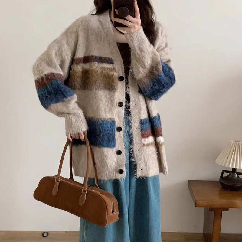 Sheep Curly Teddy Wool V-neck Contrast Striped Sweater Coat Women's Autumn Pulled Knitted Cardigan Soft Glutinous Top