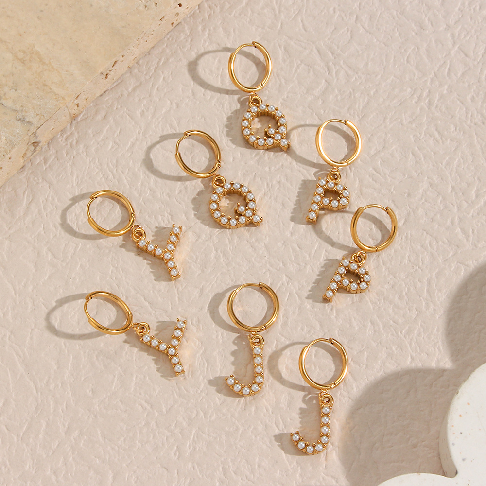 Pearl Inlaid Letter Stainless Steel Pendant Earrings